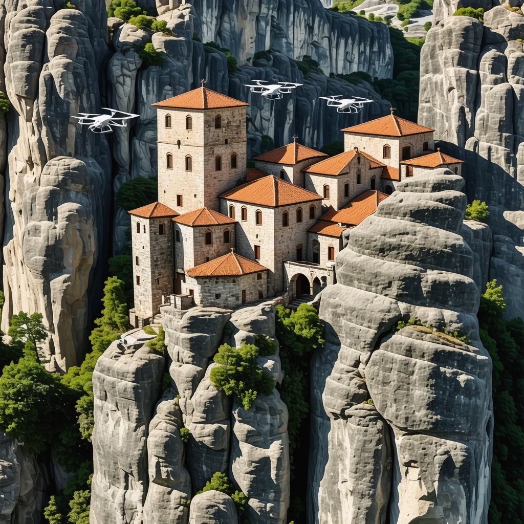 Aerial view of Meteora monasteries on rocky pillars with drones performing 3D scanning for conservation