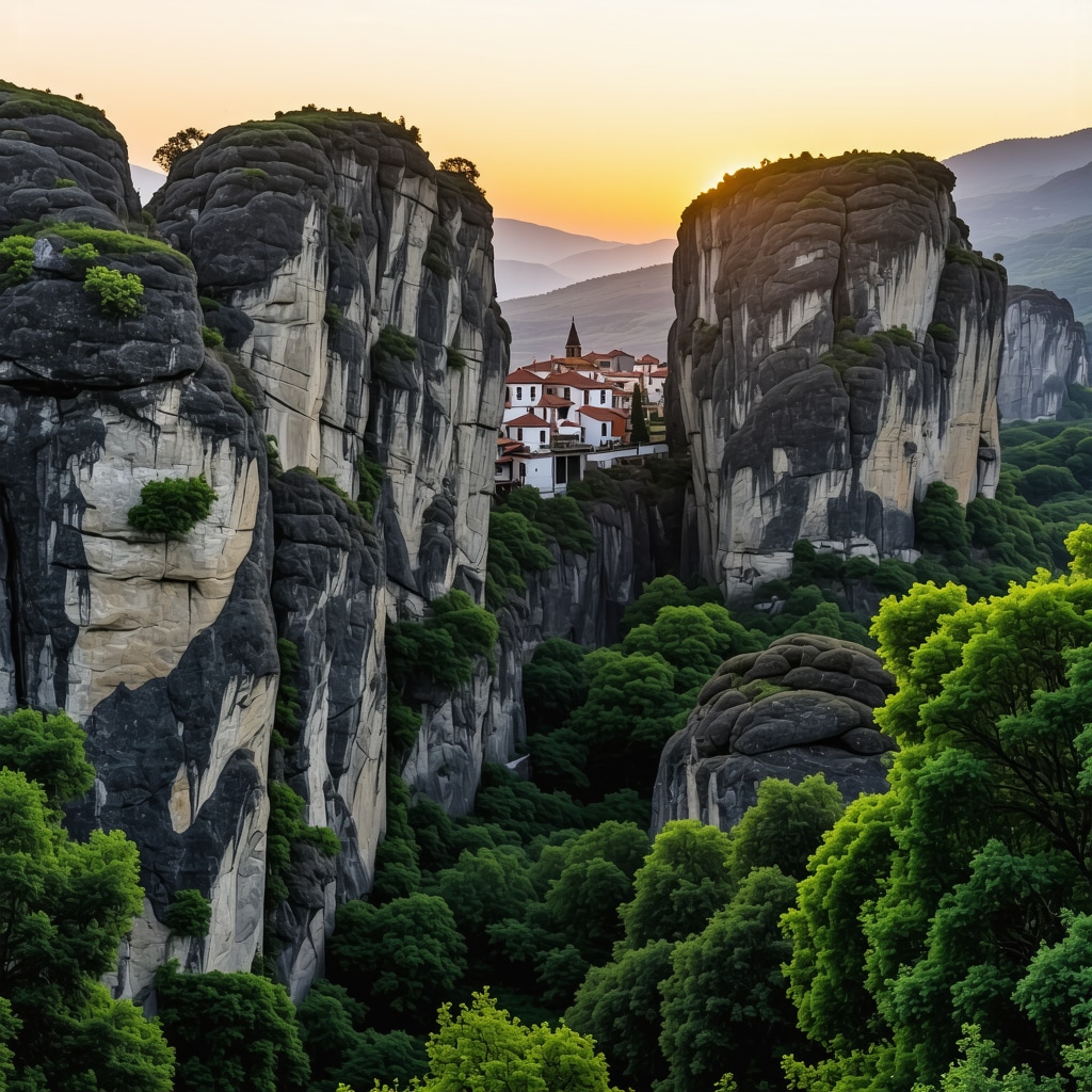 View of Meteora monasteries perched on rock pillars with lush green landscape and colorful sunset sky