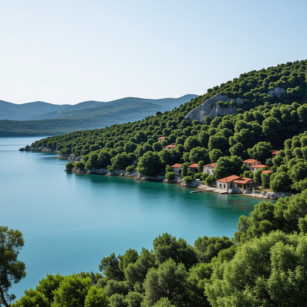 Aerial view of Mljet National Park showing lakes, green woods, and traditional houses by the Adriatic coast