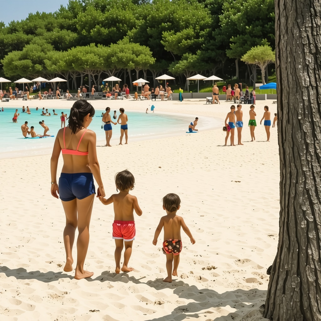 Families enjoying modern playgrounds and cultural activities at a sustainable beach resort in Rrëra e Artë, Bulgaria