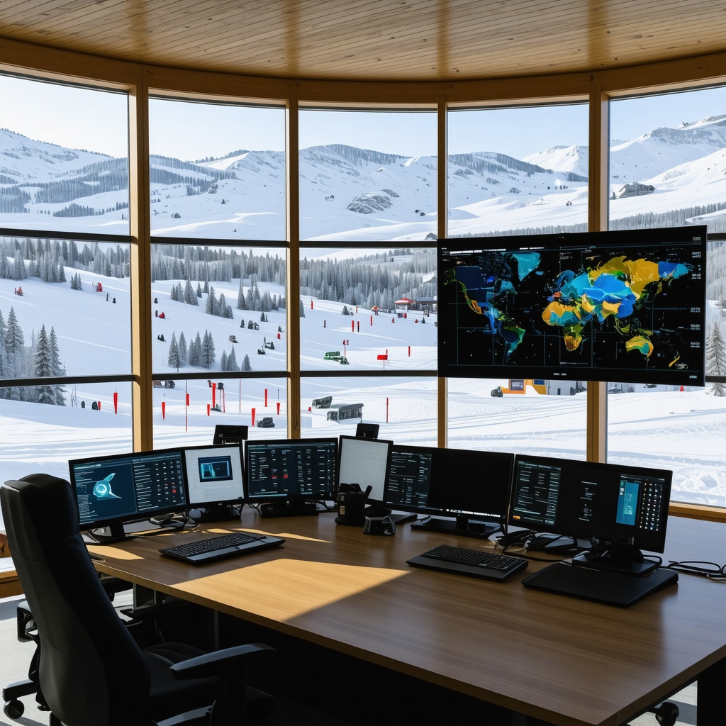 Ski resort control center displaying real-time weather and snow data using AI technology