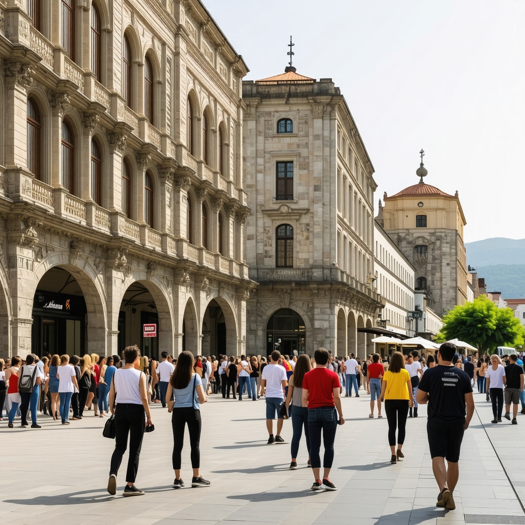 Street view of Skopje featuring Ottoman and modern architecture with people using digital devices and attending cultural events