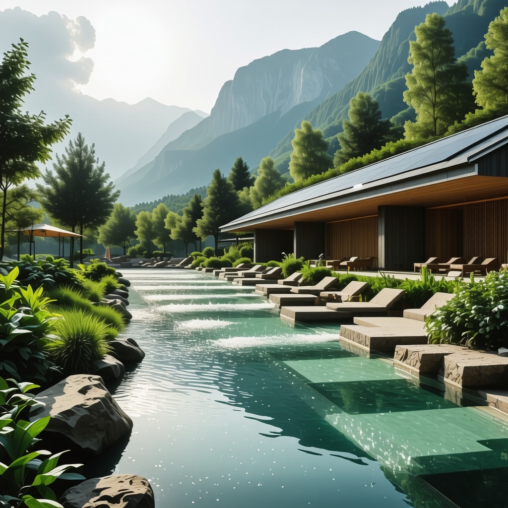 Modern spa facility in Vrnjačka Banja showcasing solar panels and digital technology amid natural surroundings
