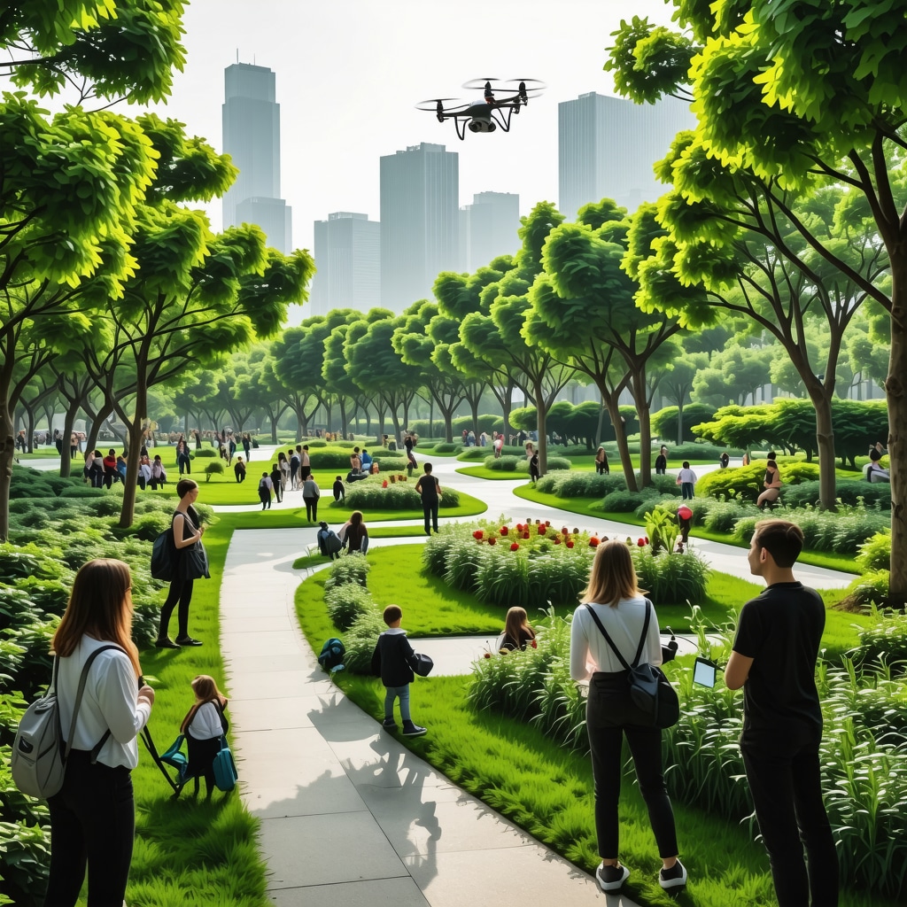 A modern urban park in Bucharest showing green spaces and technology used for environmental conservation