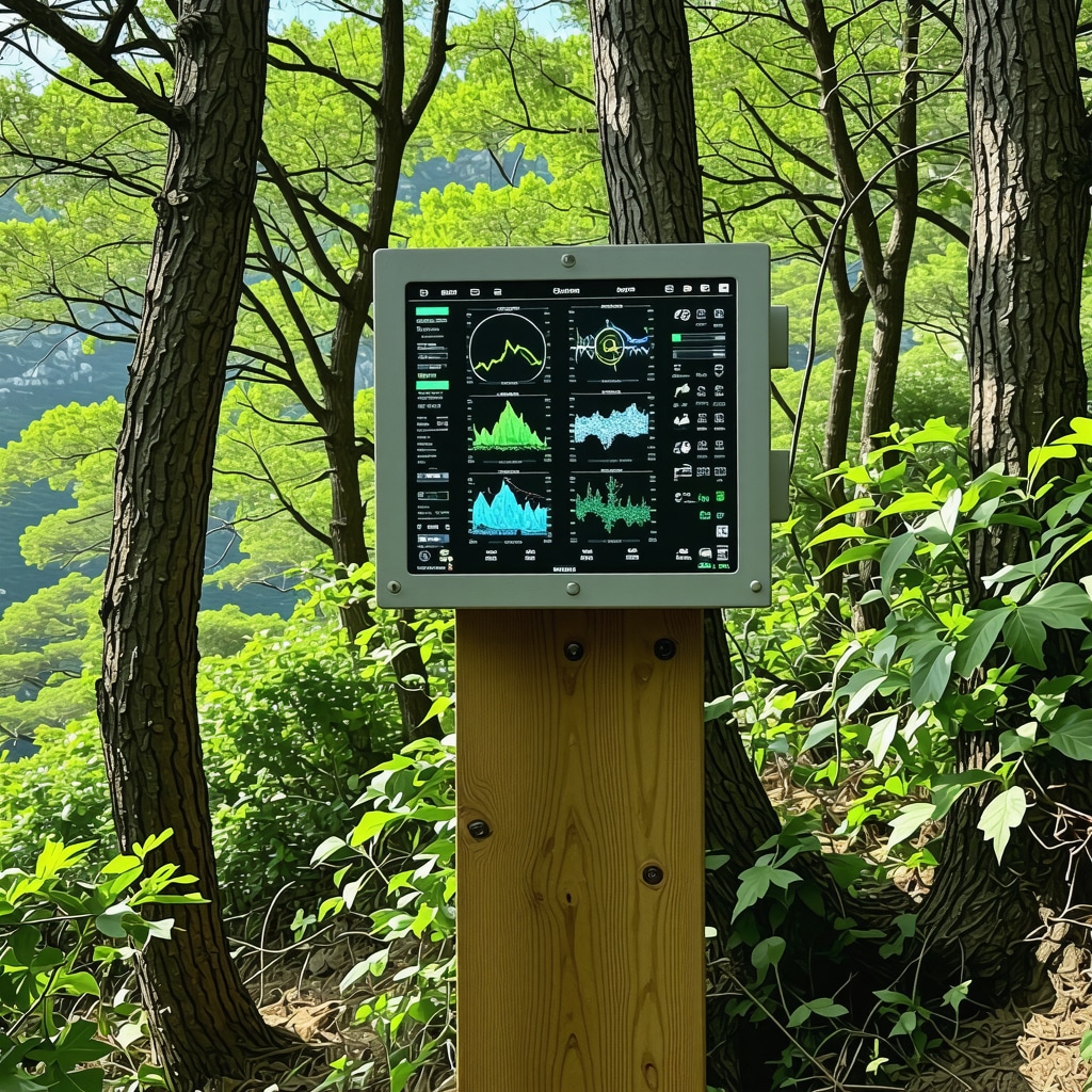 Smart ecological monitoring station with sensors on a forest hiking trail in Lastovo Adriatic island
