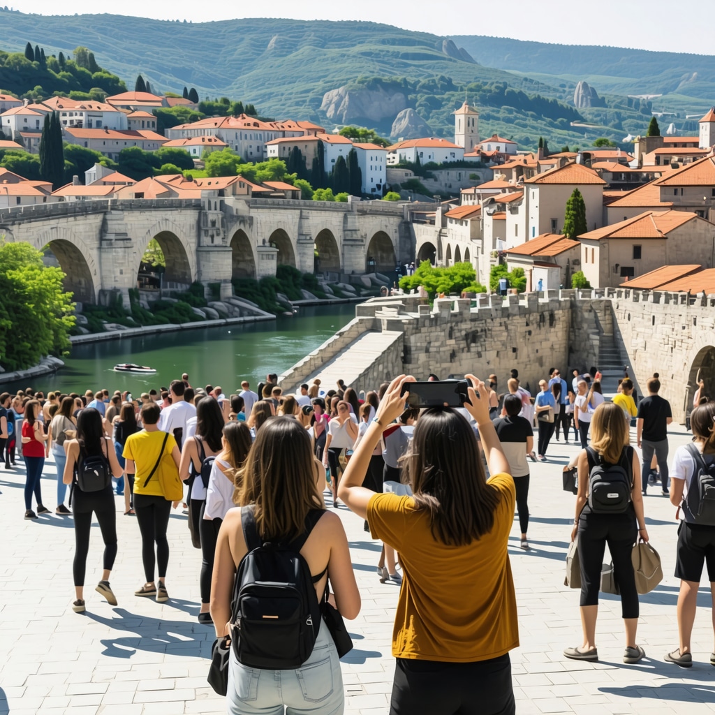 Panoramic view of Mostar's Old Town featuring Stari Most bridge and tourists using augmented reality devices
