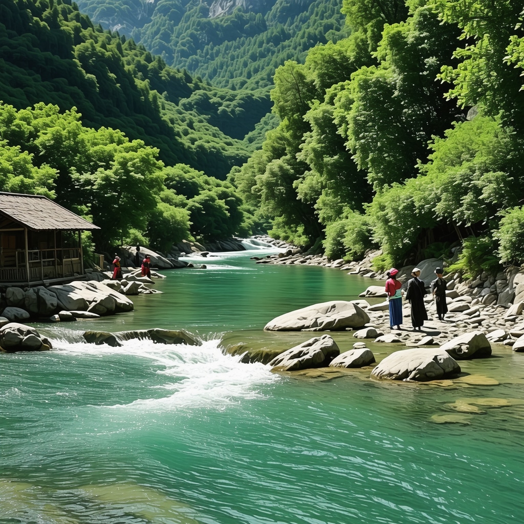 Bosna River source with surrounding forest and local people