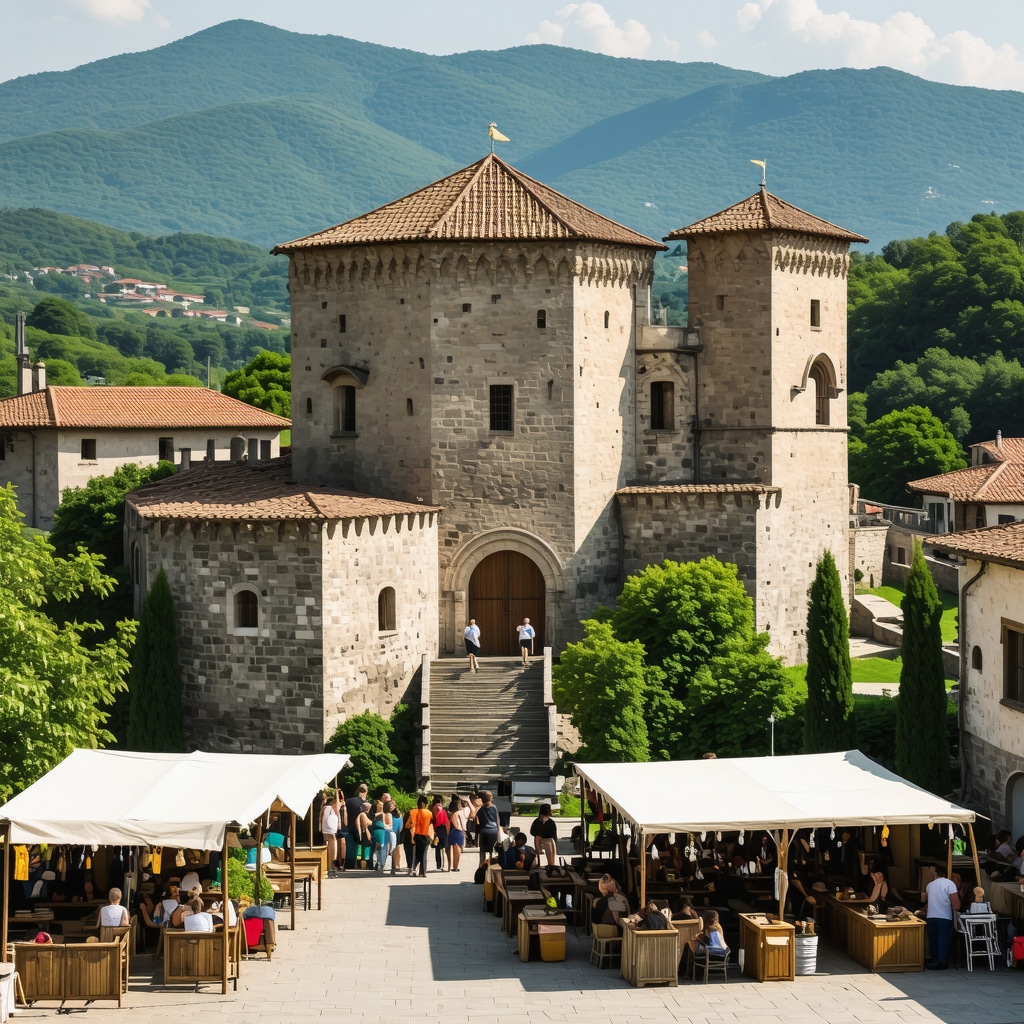 Panoramic view of Novi Pazar Castle with surrounding mountains and local artisan workshops during a vibrant cultural festival