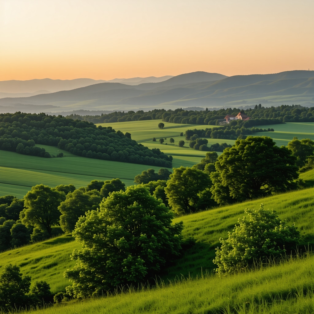 Rolling green hills and a tranquil village at sunset in the Balkans representing spirituality and culture