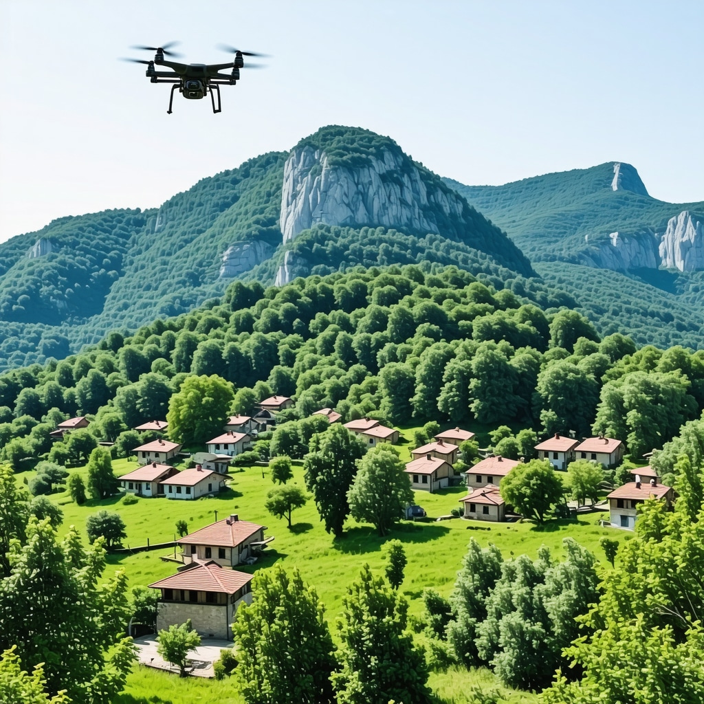 Aerial view of Lovćen National Park with green mountains, traditional village houses and a drone in flight