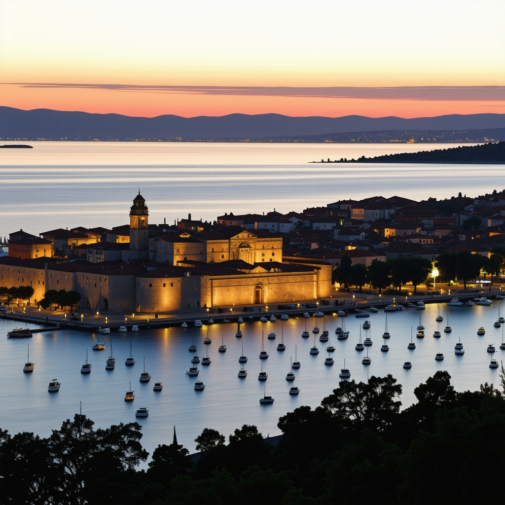 Sunset panoramic view of Split Croatia featuring Diocletian's Palace, Adriatic Sea, and Marjan Park
