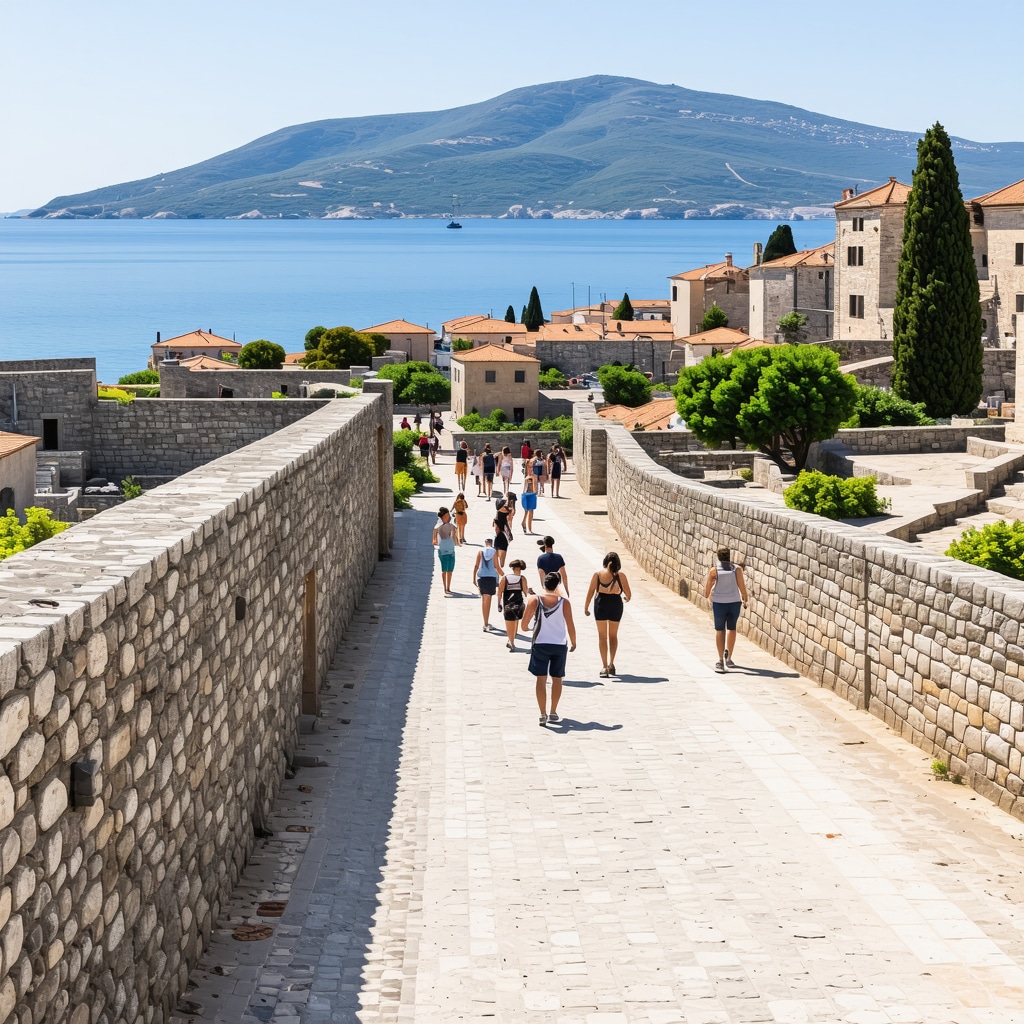 Historic Old Town of Budva with tourists and Adriatic Sea