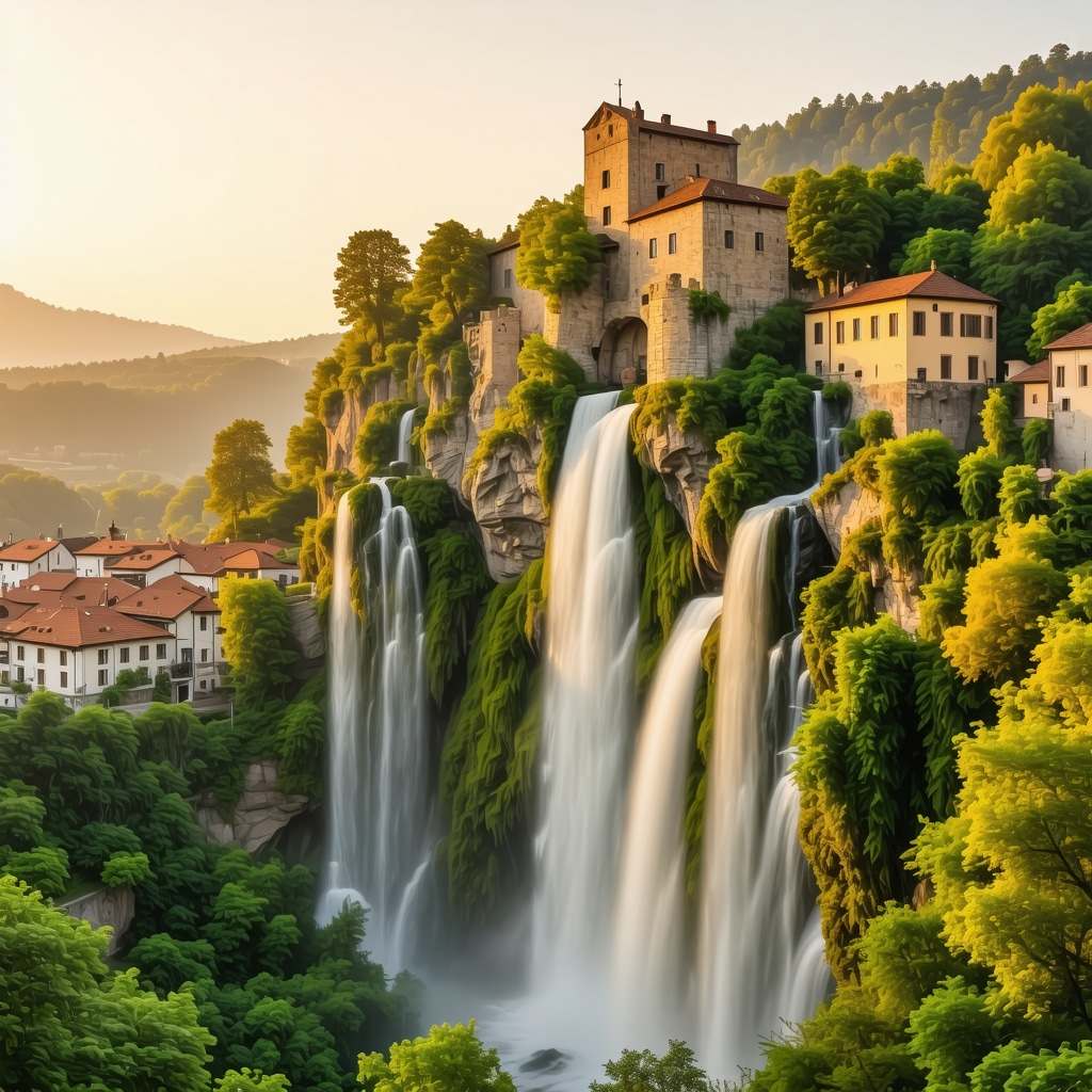 Jajce Castle with waterfalls in the background under warm golden light