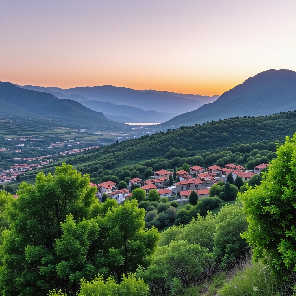 Panoramic landscape of Lovćen National Park featuring mountains, village, and sunset sky