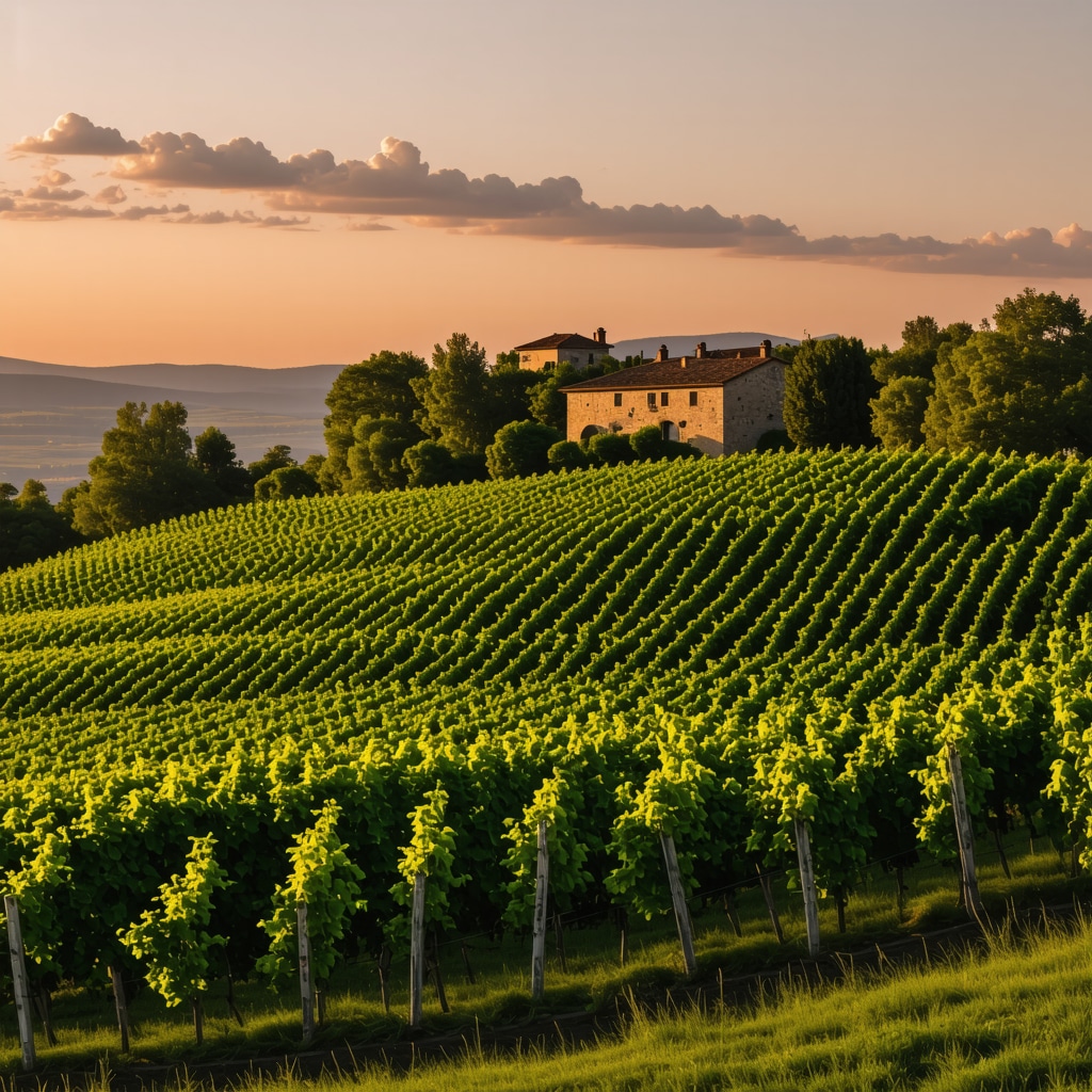 Sunset panoramic view of Melnik vineyards and traditional stone houses in Bulgaria