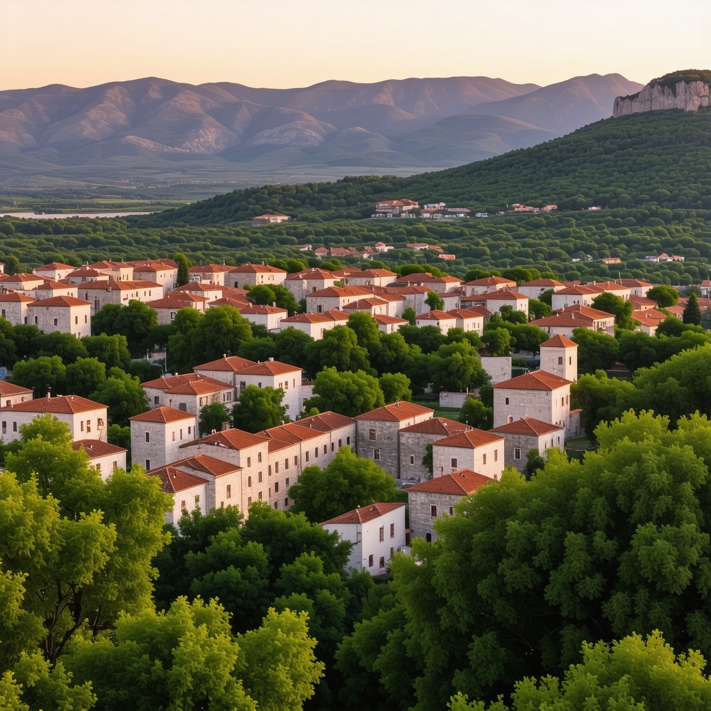 Historic Ottoman architecture in Trebinje surrounded by green nature during golden hour