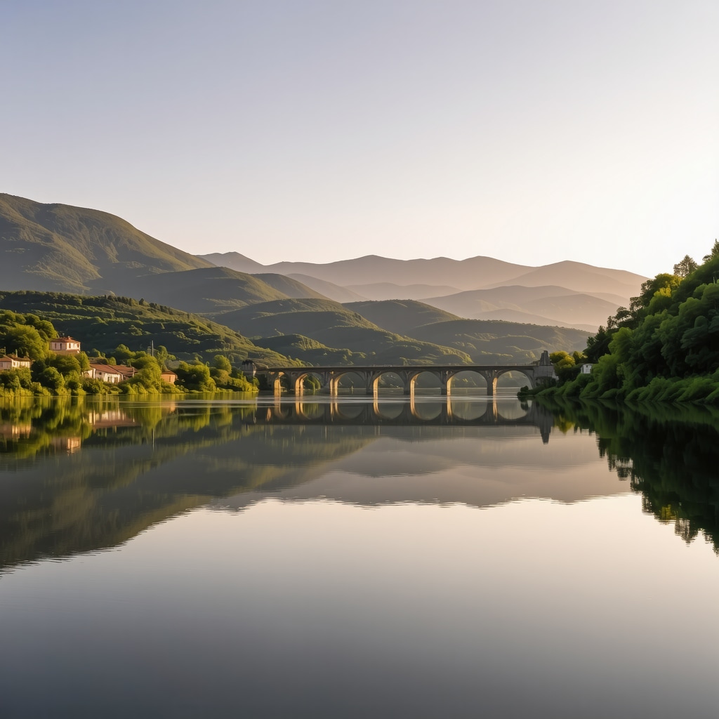Višegrad panorama showing Mehmed Pasha Sokolović Bridge over Drina River with green mountains at sunset
