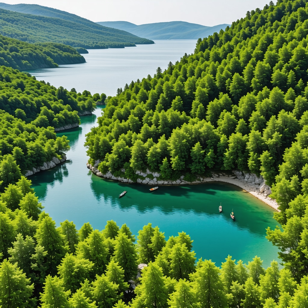 Aerial photo showcasing Mljet National Park's green forests, crater lakes, and eco-friendly tourism with kayaks and electric bikes