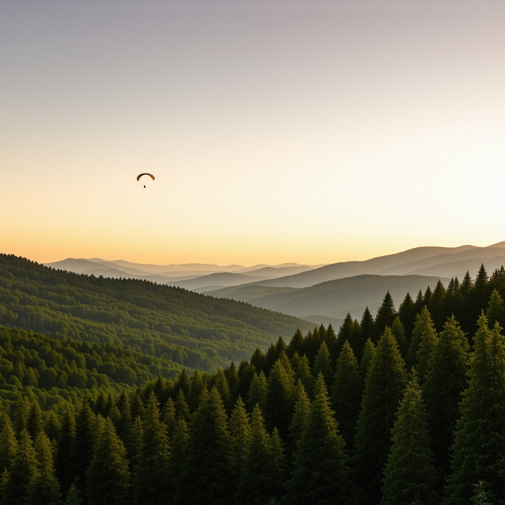 Panoramic view of Aranđelovac's lush forests, hiking trails, and a paraglider soaring over mountains at sunset