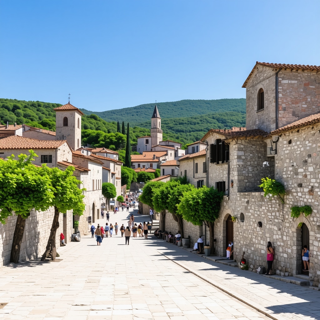 Panoramic view of Bitolj city showing historic buildings, greenery, and tourists exploring