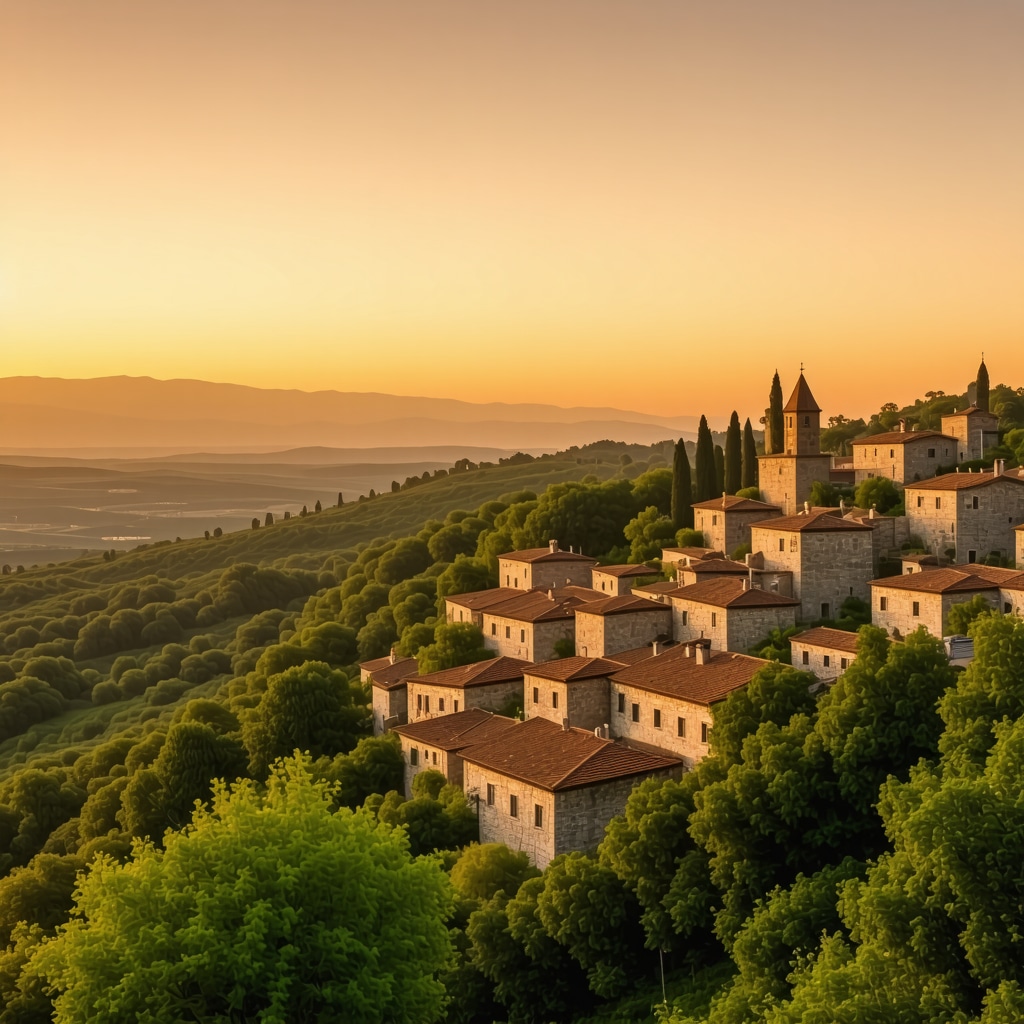 View of Bitolji city and surrounding green Pelister National Park at sunset