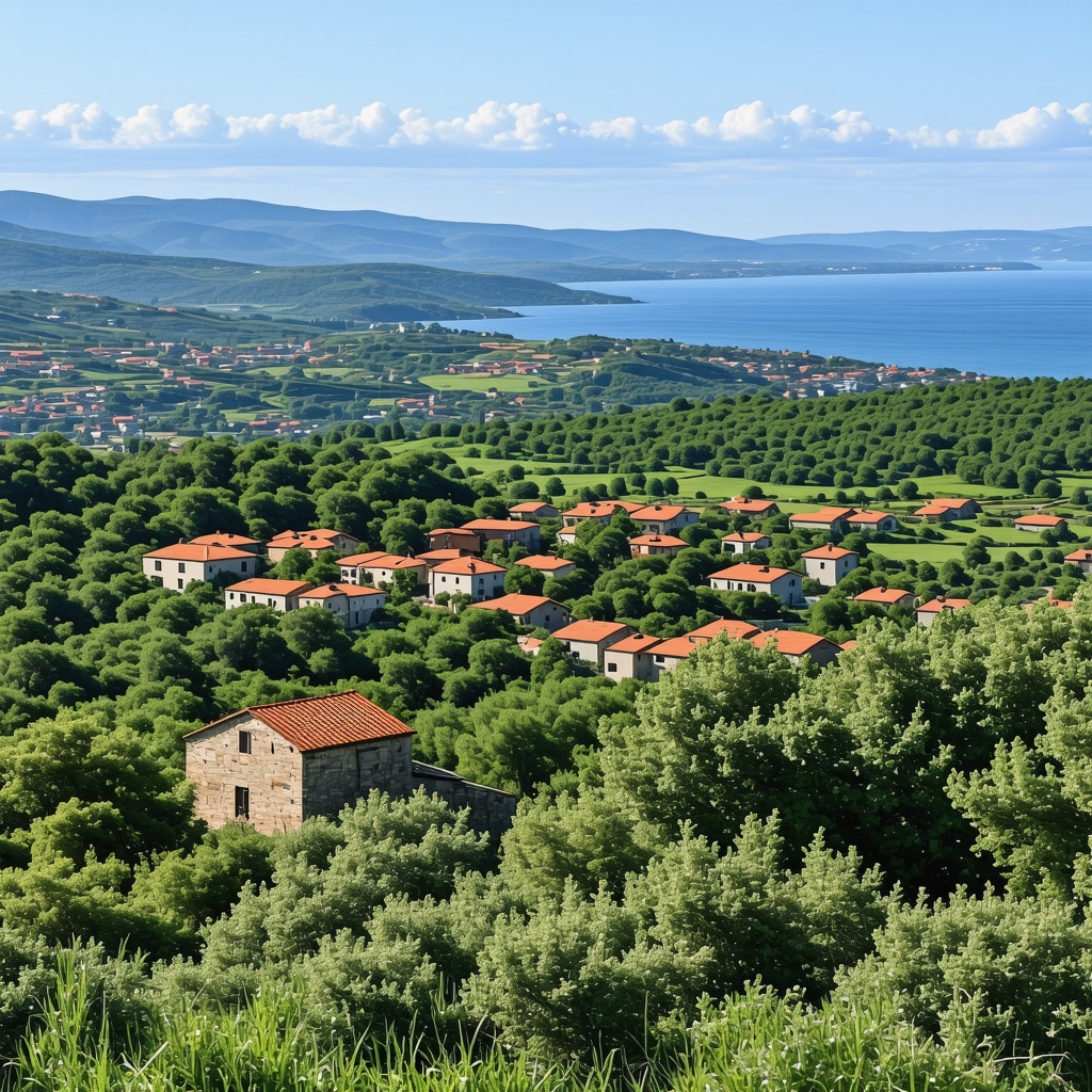 Panoramic scenic view of Çanakkale with Dardanelles Strait and surrounding nature