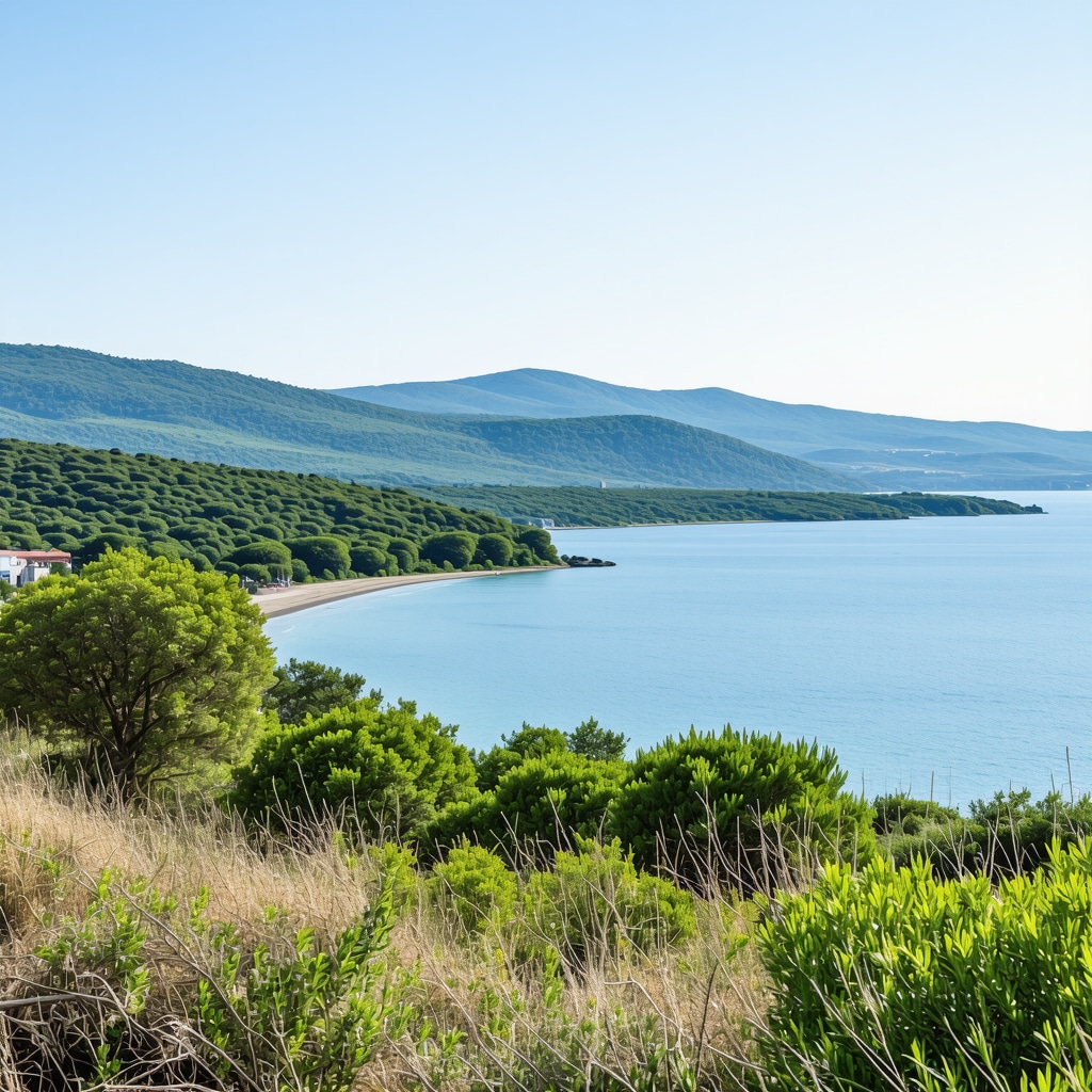 Panoramic view of Çanakkale coastline where green hills meet the Dardanelles Strait under clear sky