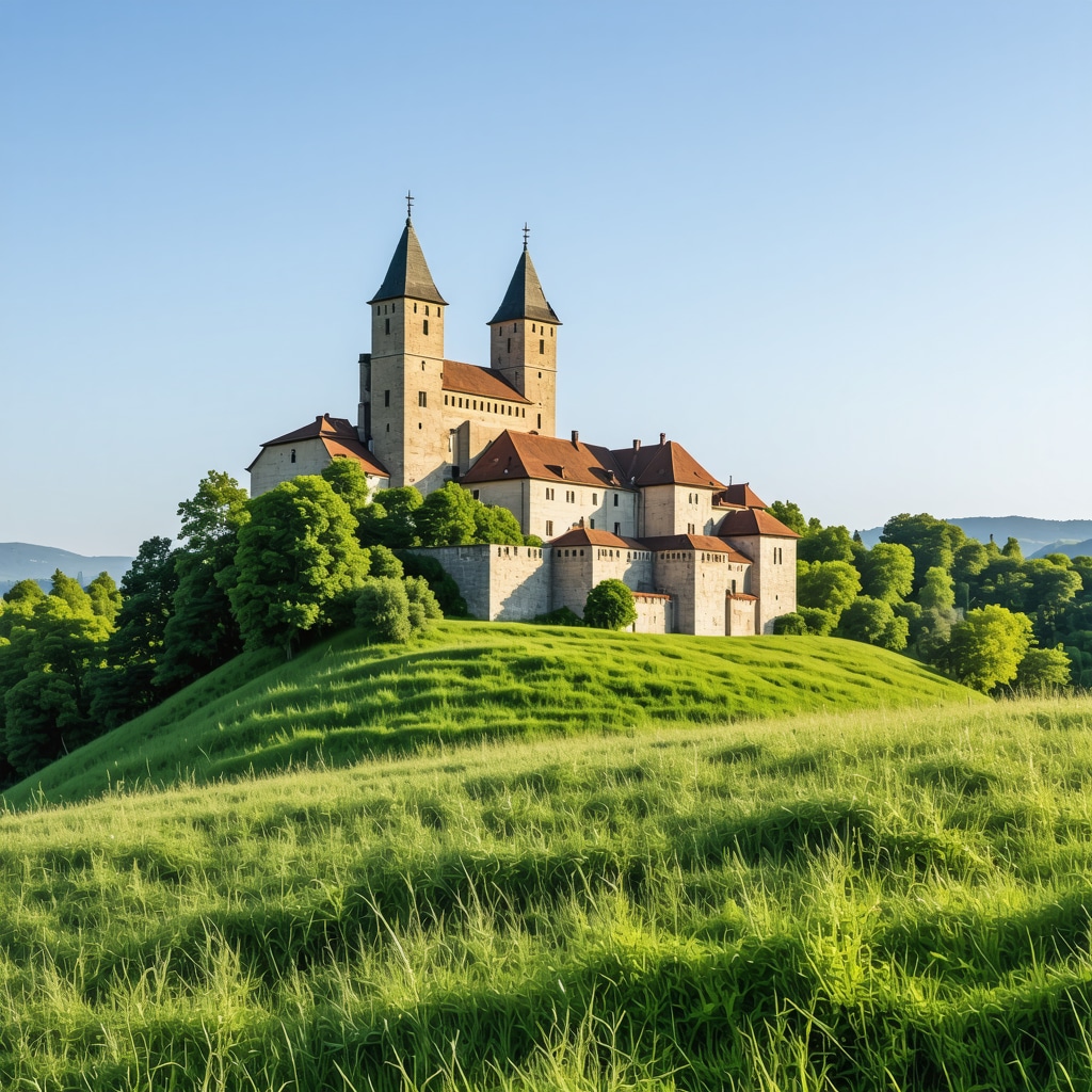 Panoramic view of Celje Castle surrounded by lush green hills and medieval town structures