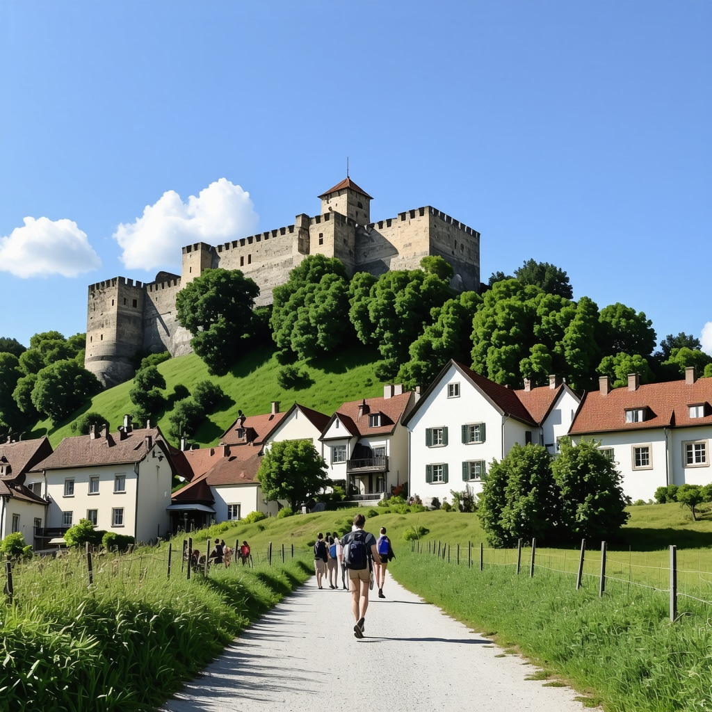 Celje city panorama featuring castle ruins on green hills and hikers on trails