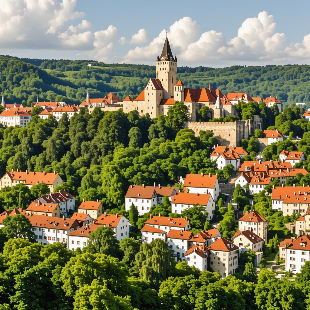 Celje cityscape showcasing medieval castle and green landscape with hiking trails