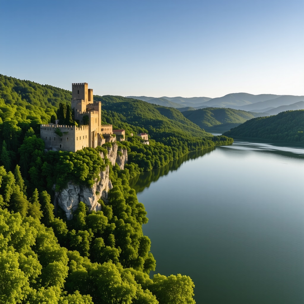 Panoramic landscape of Đerdap National Park featuring the Danube River and Golubac Fortress at sunset