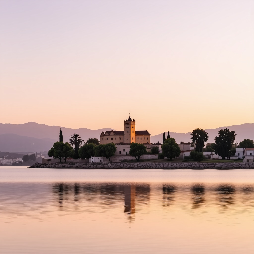 Sunset panoramic view of Ioannina's historic castle and lake showing cultural and natural landscape