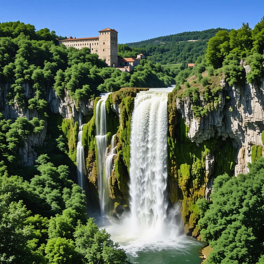 Jajce waterfall with medieval fortress and lush green landscape in Bosnia