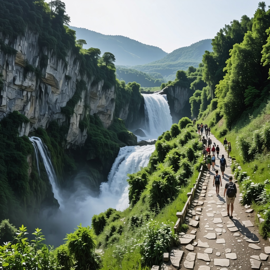 Jajce waterfall surrounded by greenery with visitors on walking trails illustrating sustainable tourism
