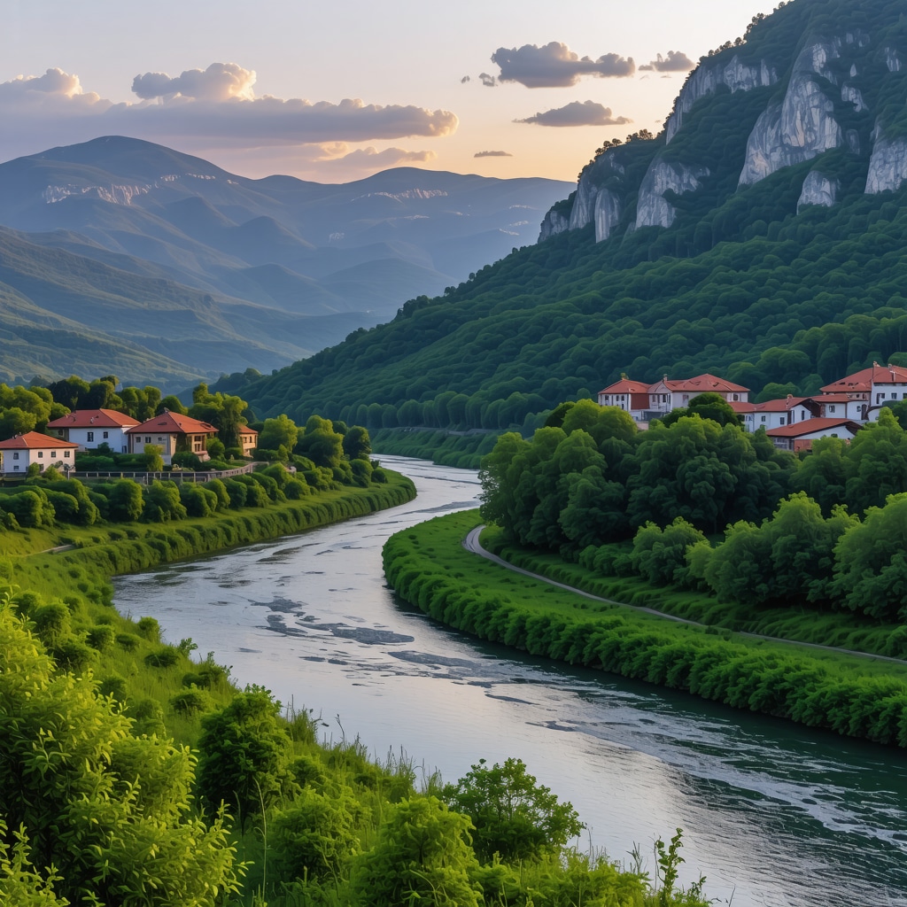 Scenic landscape showing Neretva river with mountains and cultural heritage sites in Konjic at sunset
