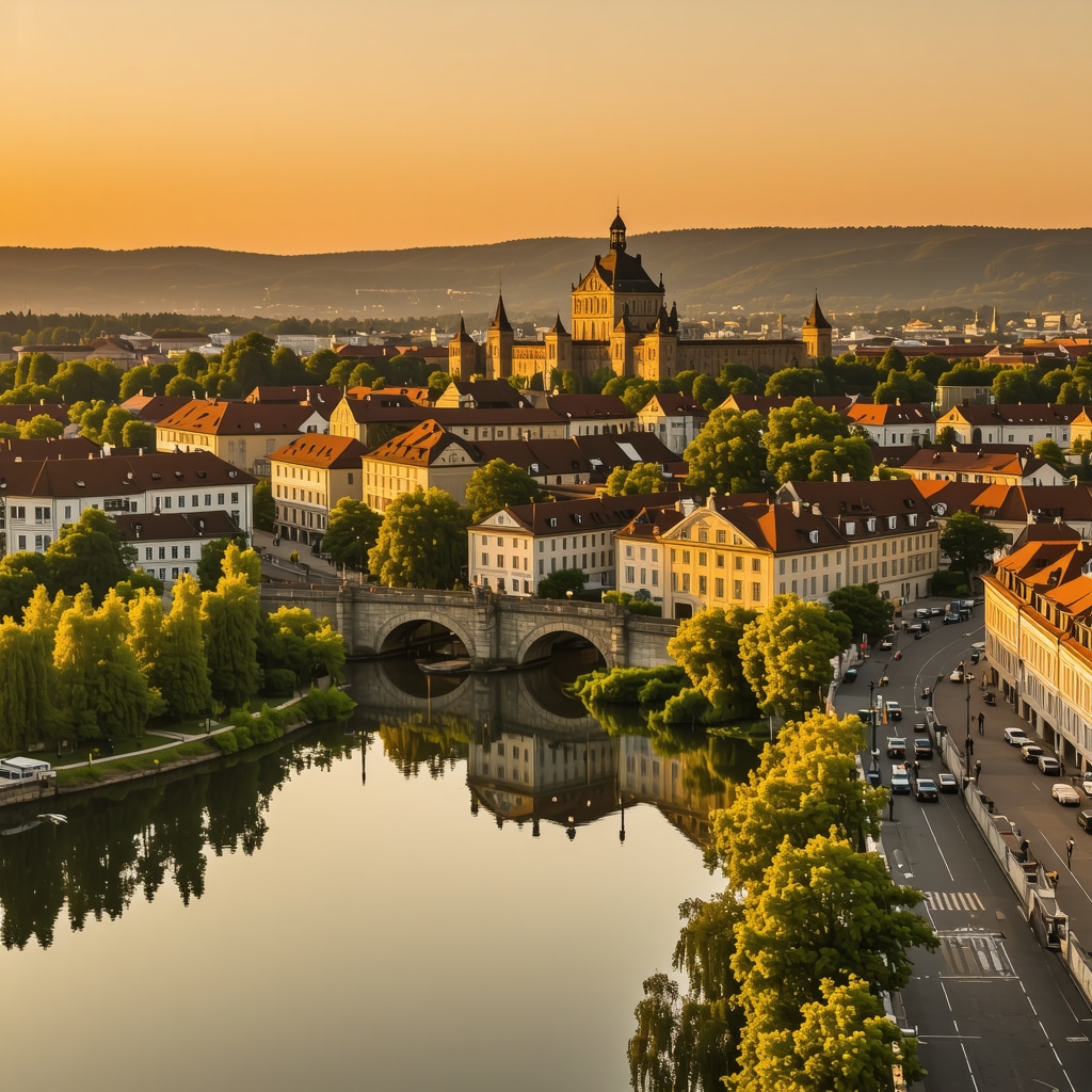 Ljubljana cityscape with Dragon Bridge and Castle at sunset