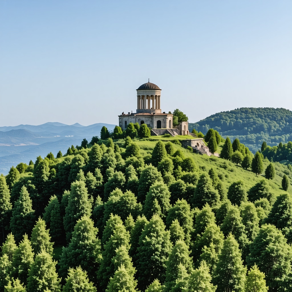 Lovćen National Park panorama showing Njegoš Mausoleum on mountain peak surrounded by forest