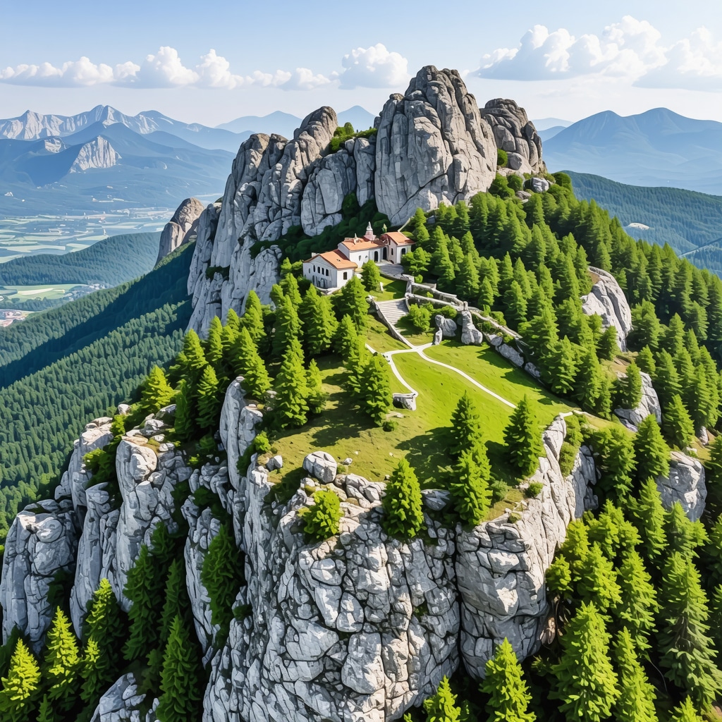 Aerial panoramic image of Lovćen National Park featuring mountain peaks, dense forests, and Njegoš Mausoleum on the summit