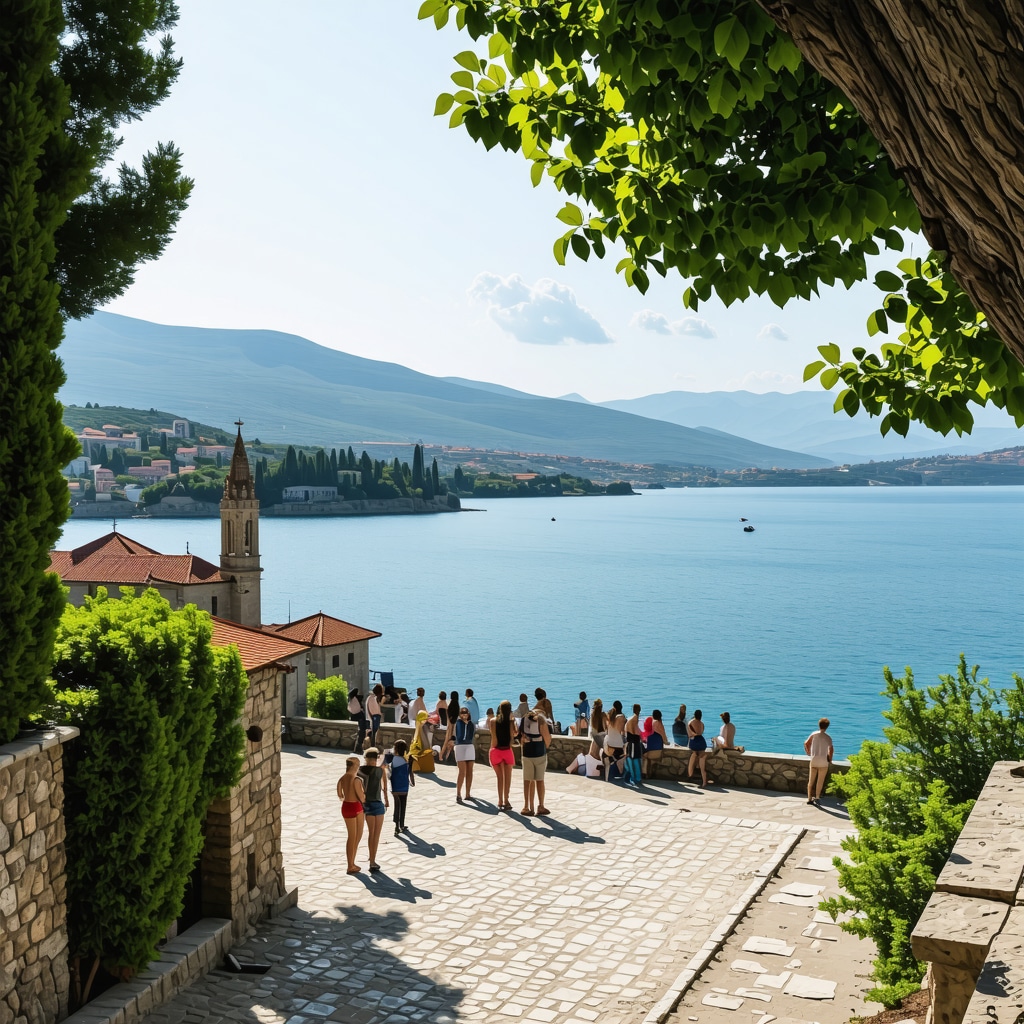 Panoramic view of Ohrid Lake showing historic churches, fortresses, and tourists during cultural festivals