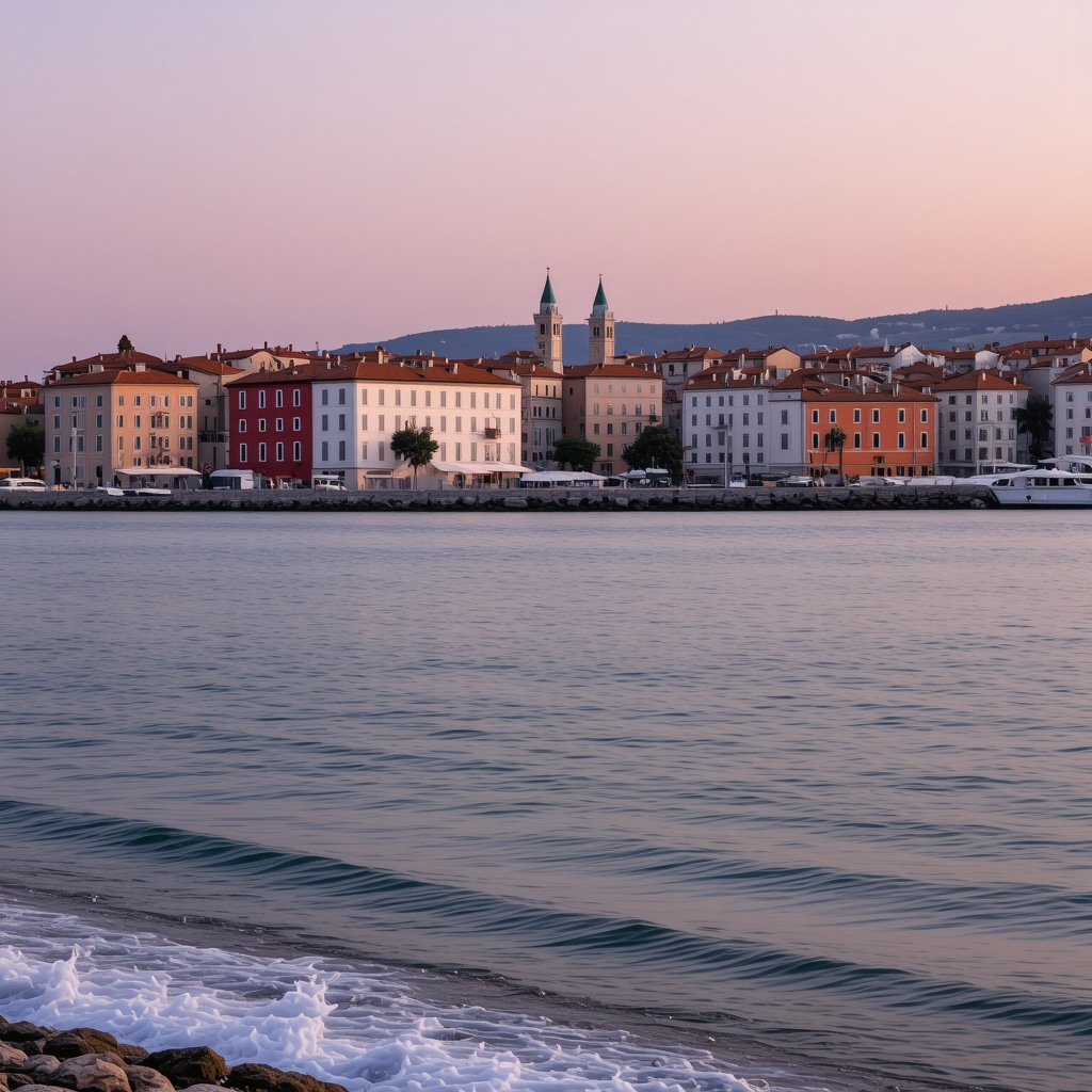 Sunset panoramic view of Piran's historic Venetian buildings along the Adriatic coast