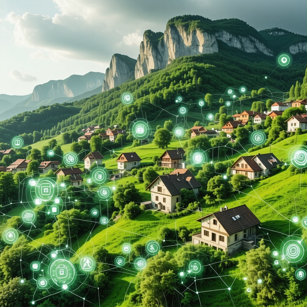 Panorama of Pljevlja with cultural sites, green mountains, and digital technology icons representing sustainable tourism