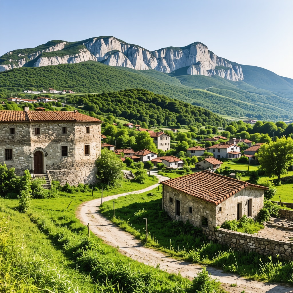 Panoramic image of Pljevlja with historical buildings and mountains enhanced by digital AR overlays