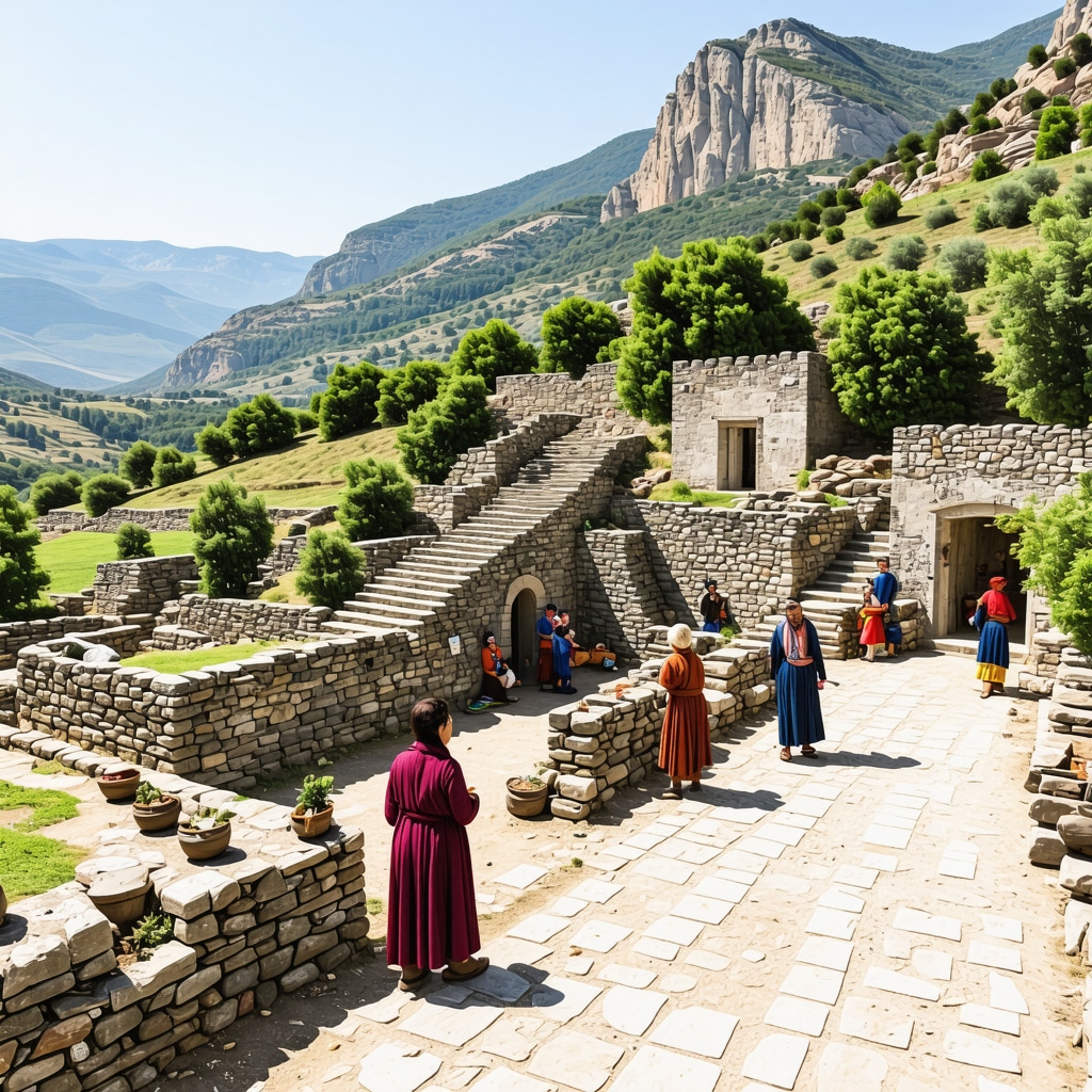 Panoramic view of Qyteti i Djallit featuring ancient stone buildings, green mountains, and locals participating in cultural activities
