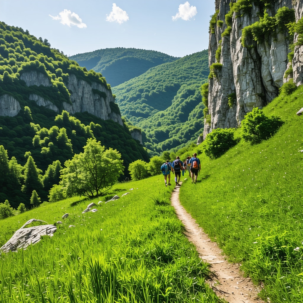Panoramic view of Rugova Canyon hiking trail near Peja Panoramic view of Rugova Canyon with hikers and lush nature near Peja
