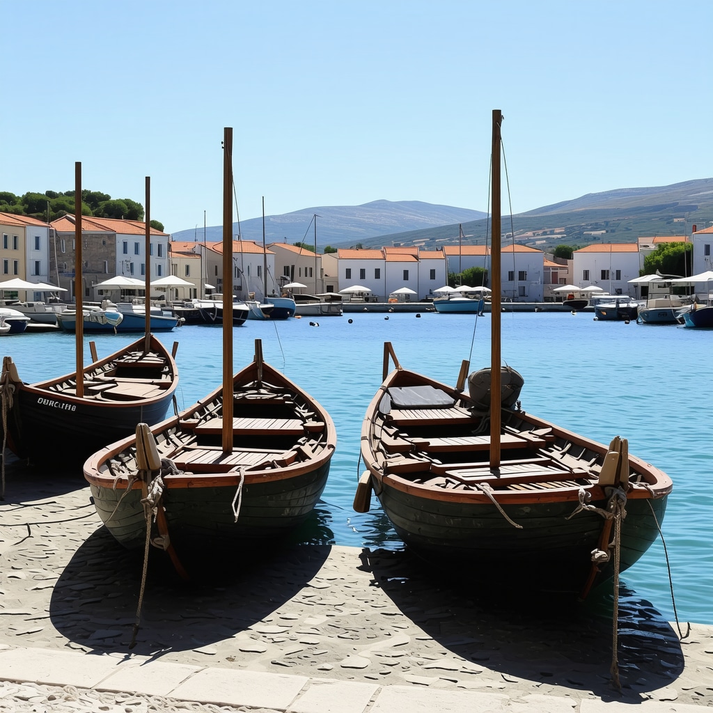 Senj harbor with traditional fishing boats and cobblestone streets under blue sky
