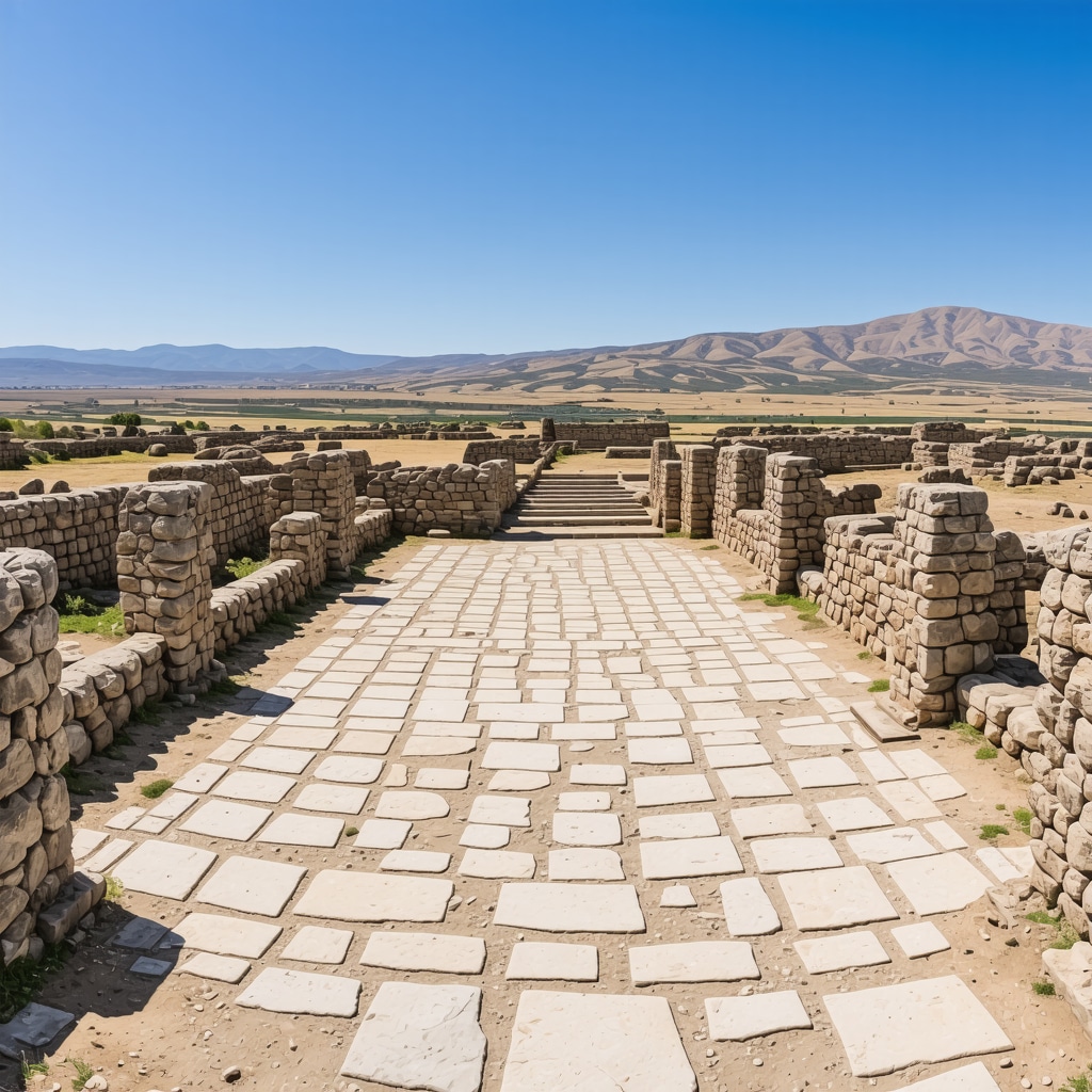 Ancient ruins and mosaics at Stobi archaeological site with surrounding landscape