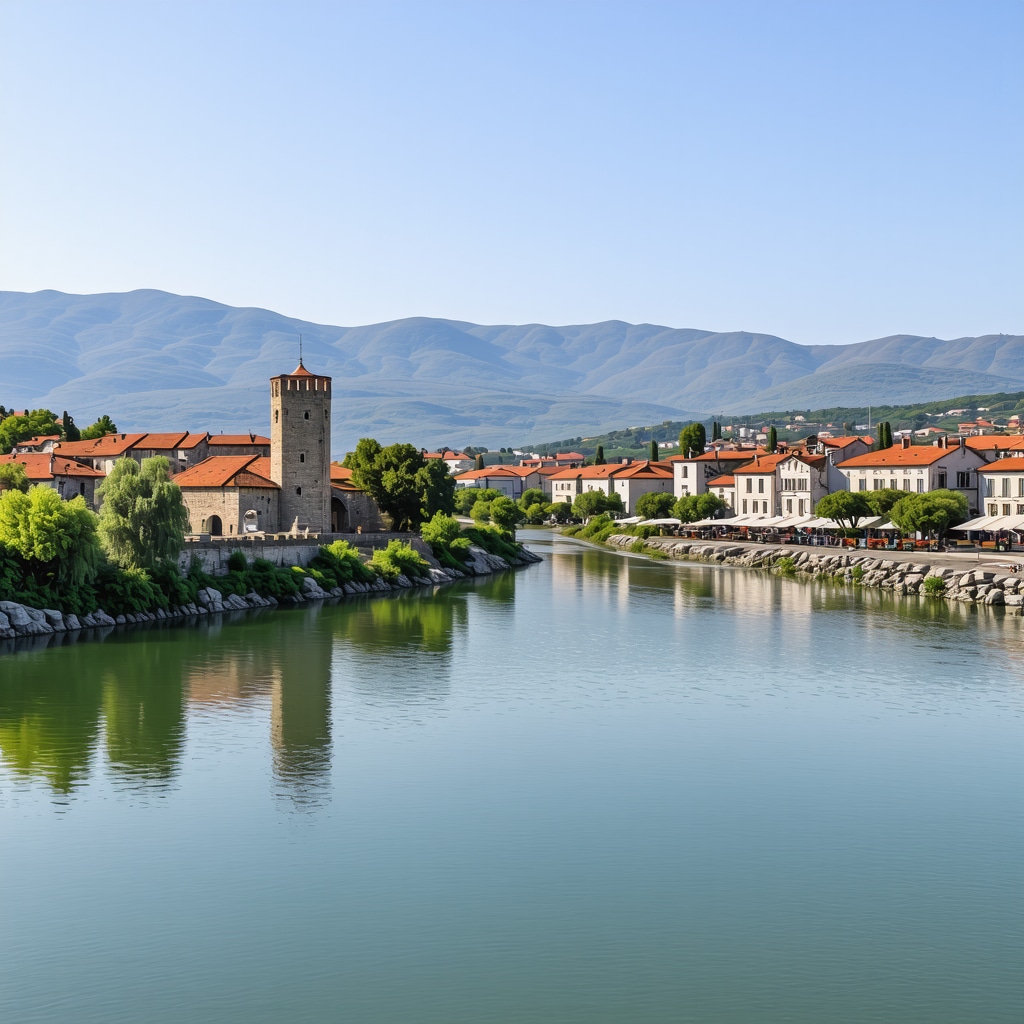Panoramic photo of Trebinje with historic fortress, riverside scenery, and local market