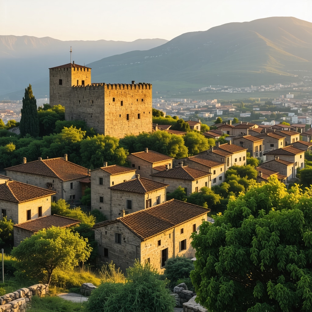 Gjirokastër town with Ottoman stone houses and ancient castle during sunset