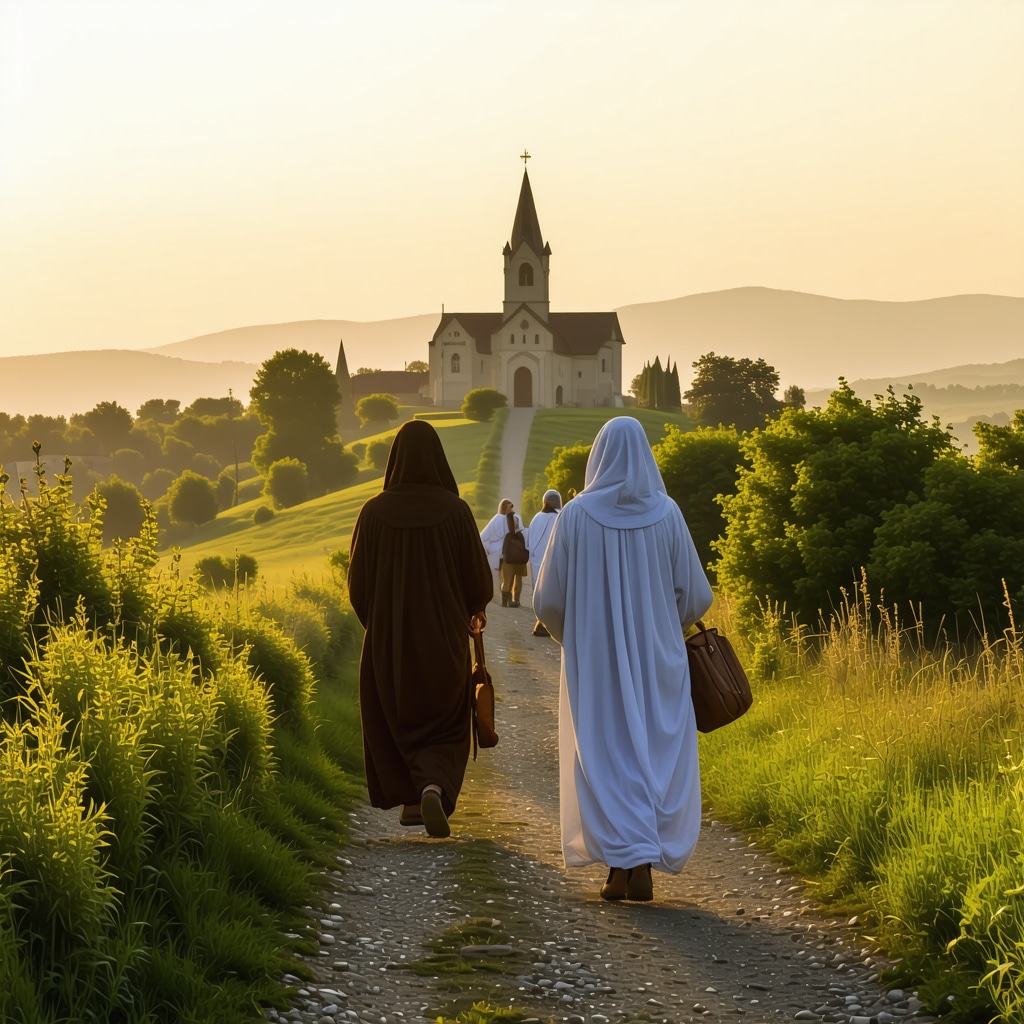 Pilgrims walking up Podbrdo hill in Međugorje with Church of St. James in the background at sunset