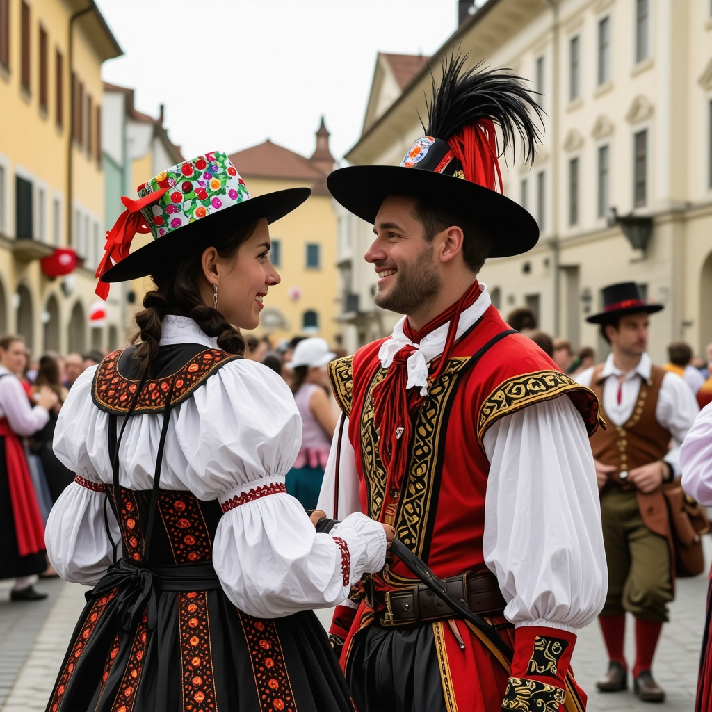 Festival in Ptuj featuring traditional Slovenian costumes and modern digital installations amidst historic buildings